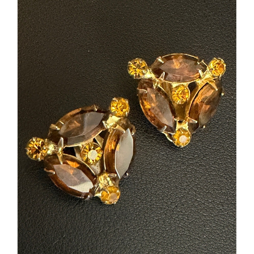Vintage GARNE Rhinestone Earrings Clip Ons Fall Brown Orange Gold Tone